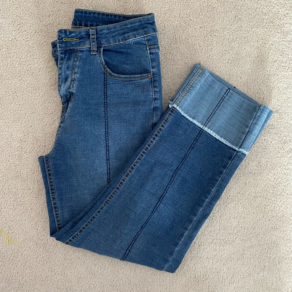 Colour block straight leg jeans patchwork two tone